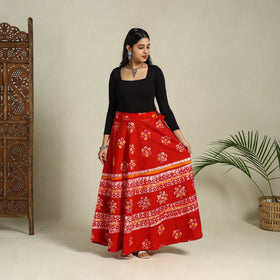 Red Hand Batik Print Running Stitch Cotton Long Skirt