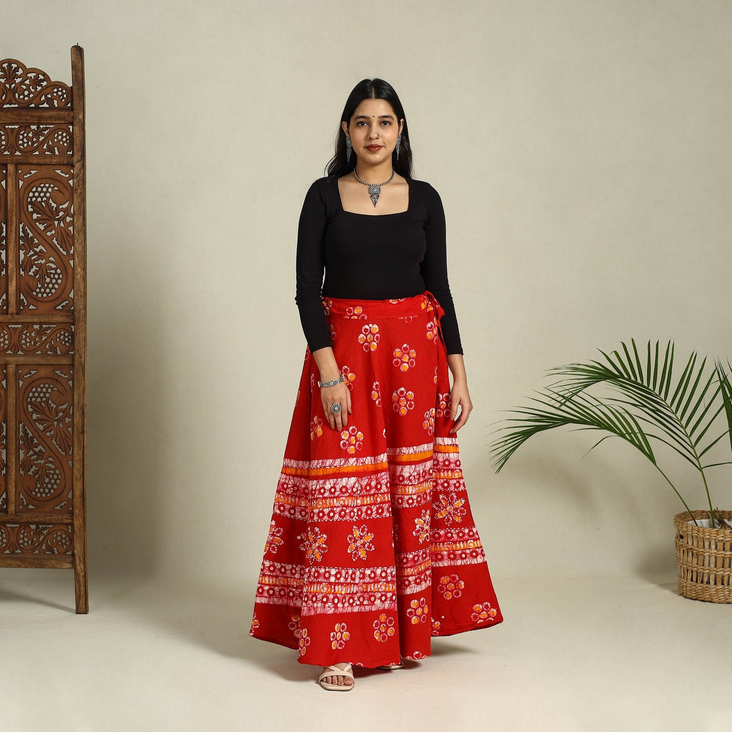 Red Hand Batik Print Running Stitch Cotton Long Skirt