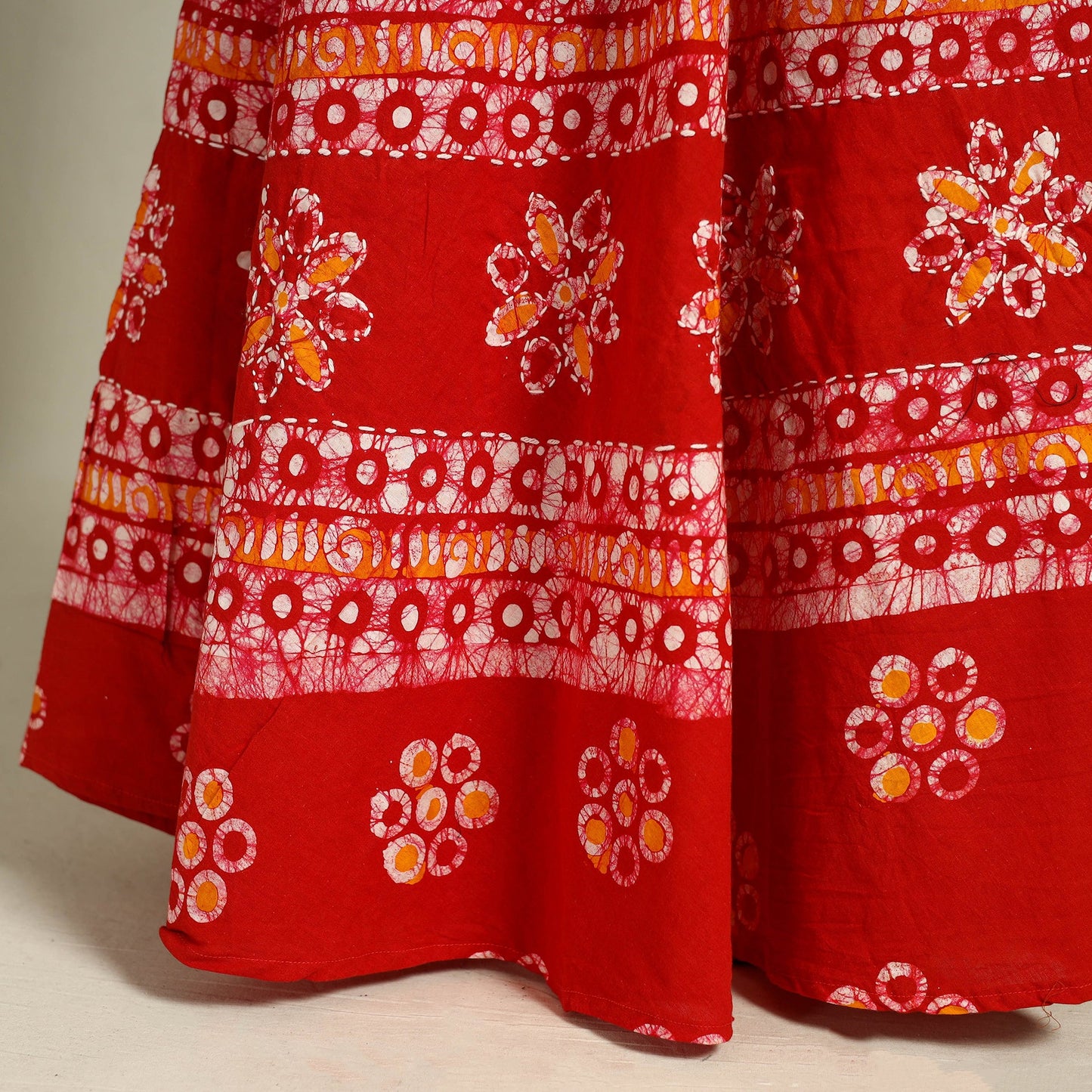 Red Hand Batik Print Running Stitch Cotton Long Skirt