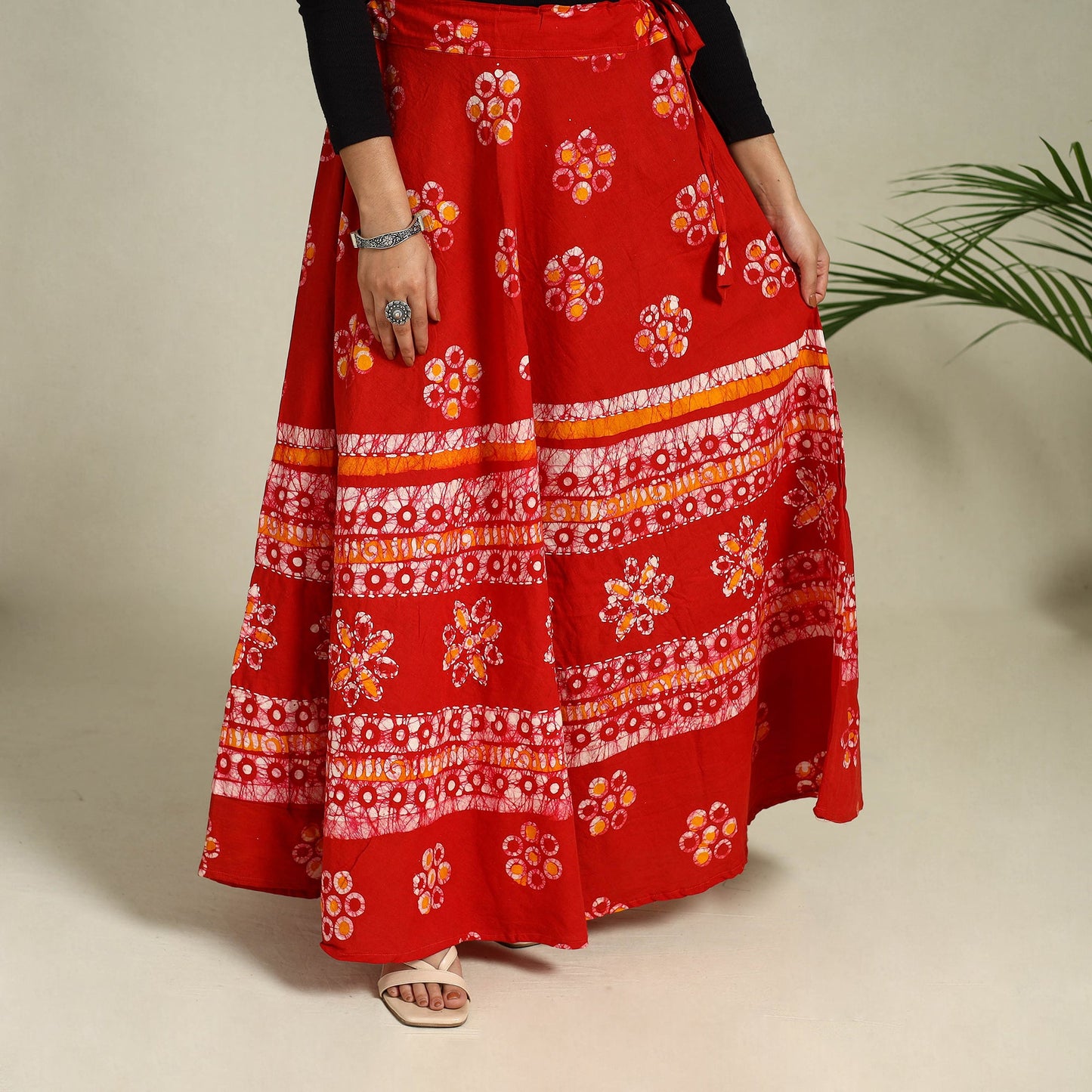 Red Hand Batik Print Running Stitch Cotton Long Skirt