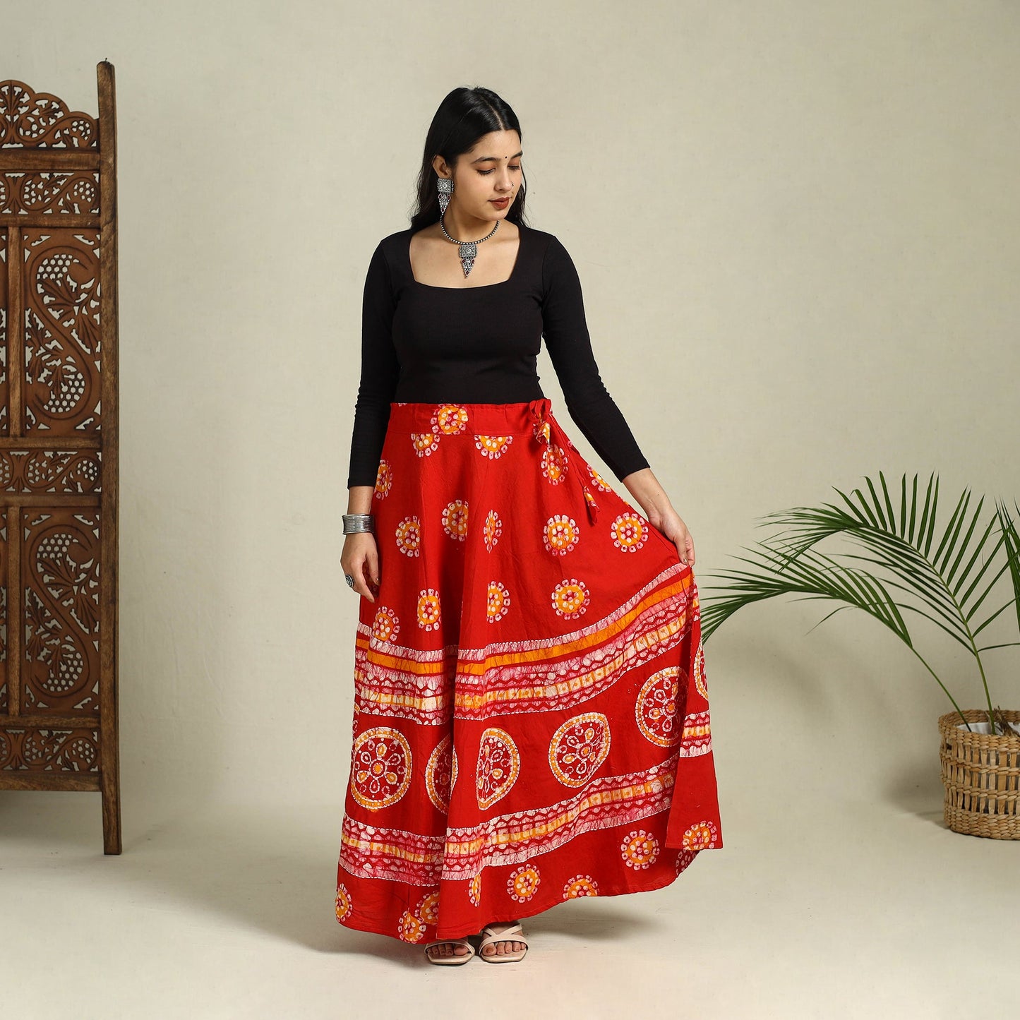 Red Hand Batik Print Running Stitch Cotton Long Skirt