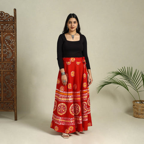 Red Hand Batik Print Running Stitch Cotton Long Skirt