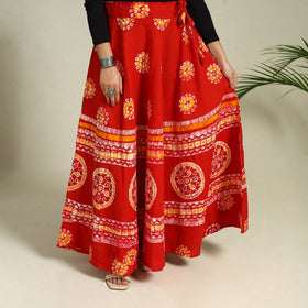 Red Hand Batik Print Running Stitch Cotton Long Skirt