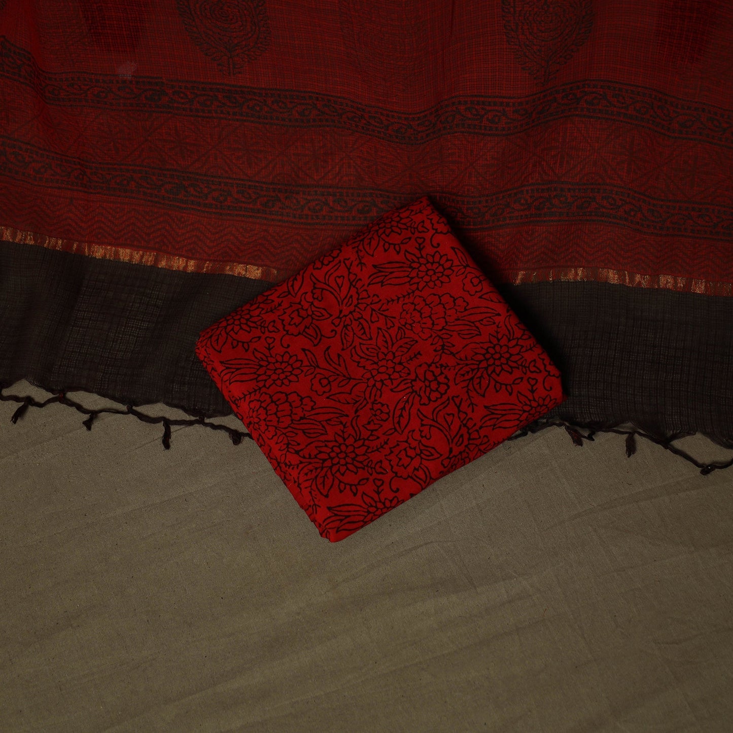 Hand block bagh print natural dyed kota doria cotton 3pc