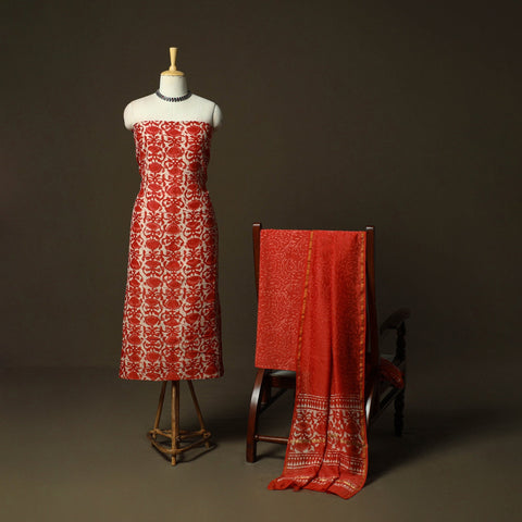 Hand block batik print chanderi silk 3pc unstitched dress