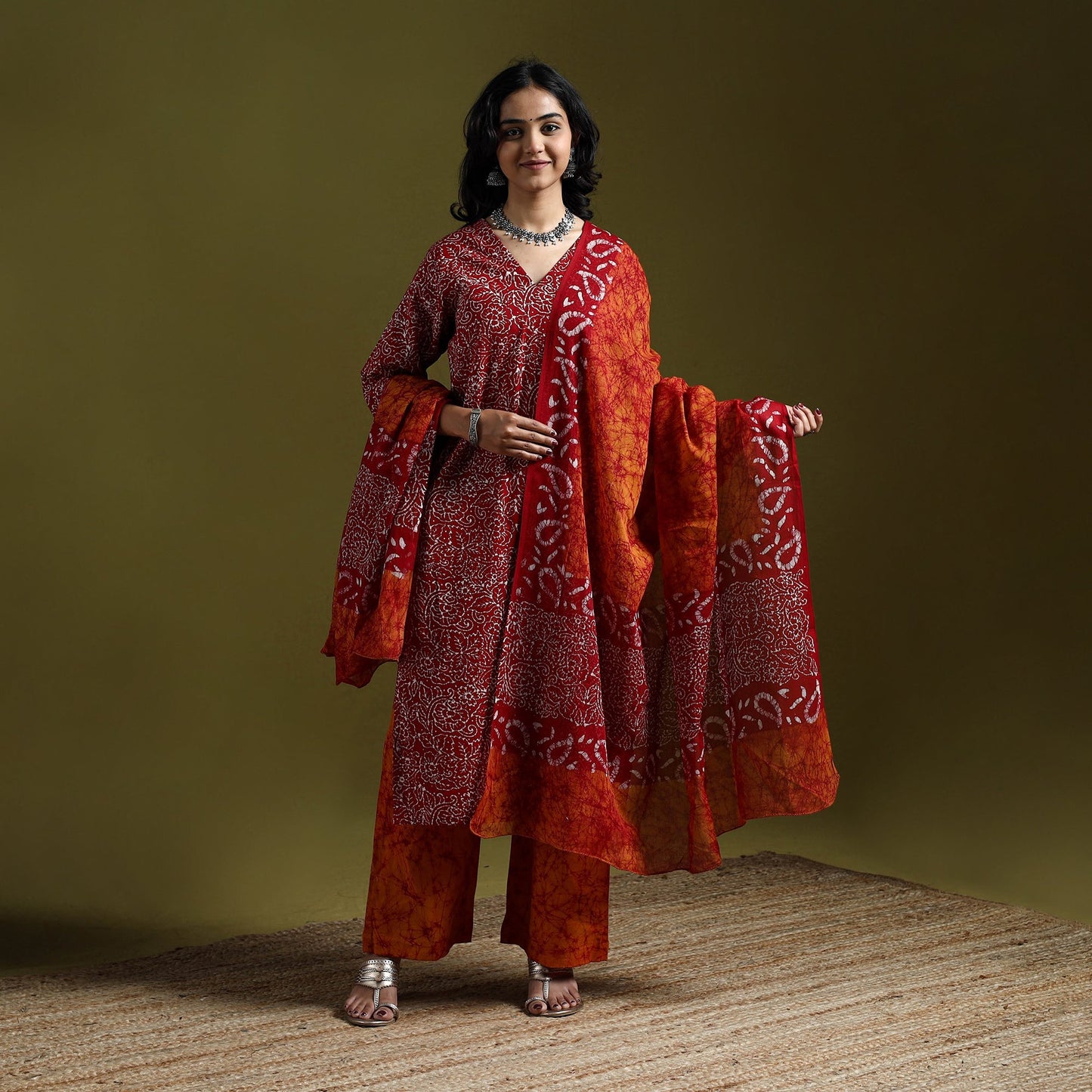 Hand block batik print cotton suit set with dupatta
