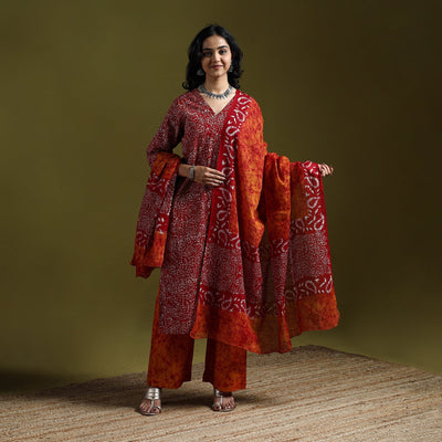 Hand block batik print cotton suit set with dupatta