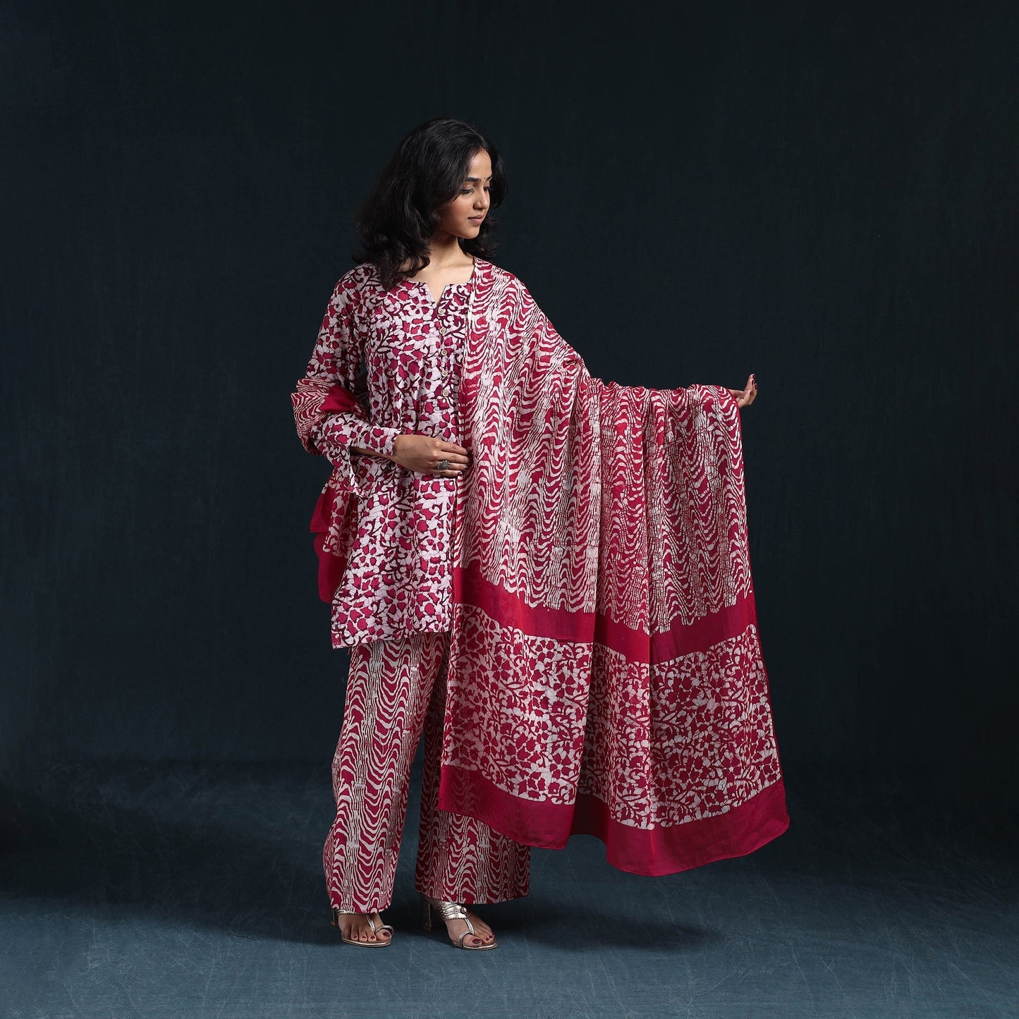 Hand batik cotton suit set with dupatta for women 05