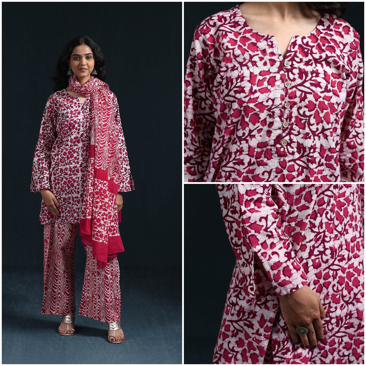 Hand batik cotton suit set with dupatta for women 05