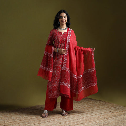 Hand block batik print cotton suit set with dupatta