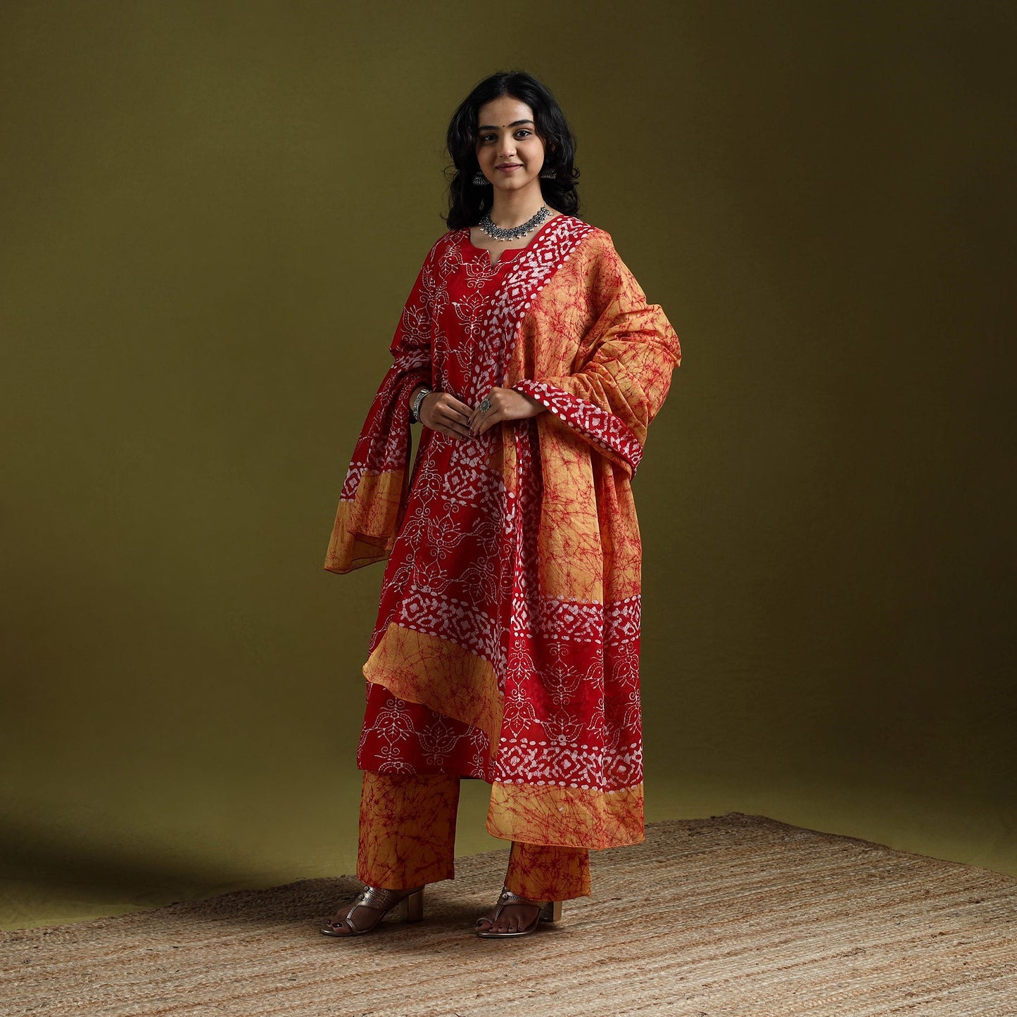 Hand block batik print cotton suit set with dupatta