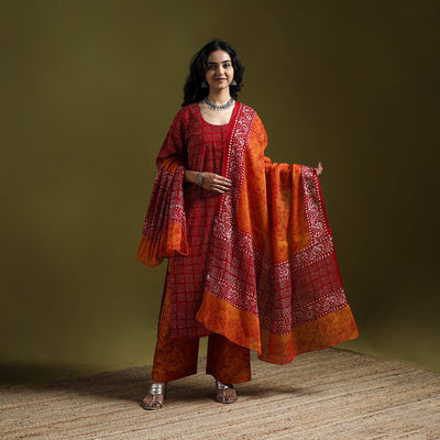 Hand block batik print cotton suit set with dupatta
