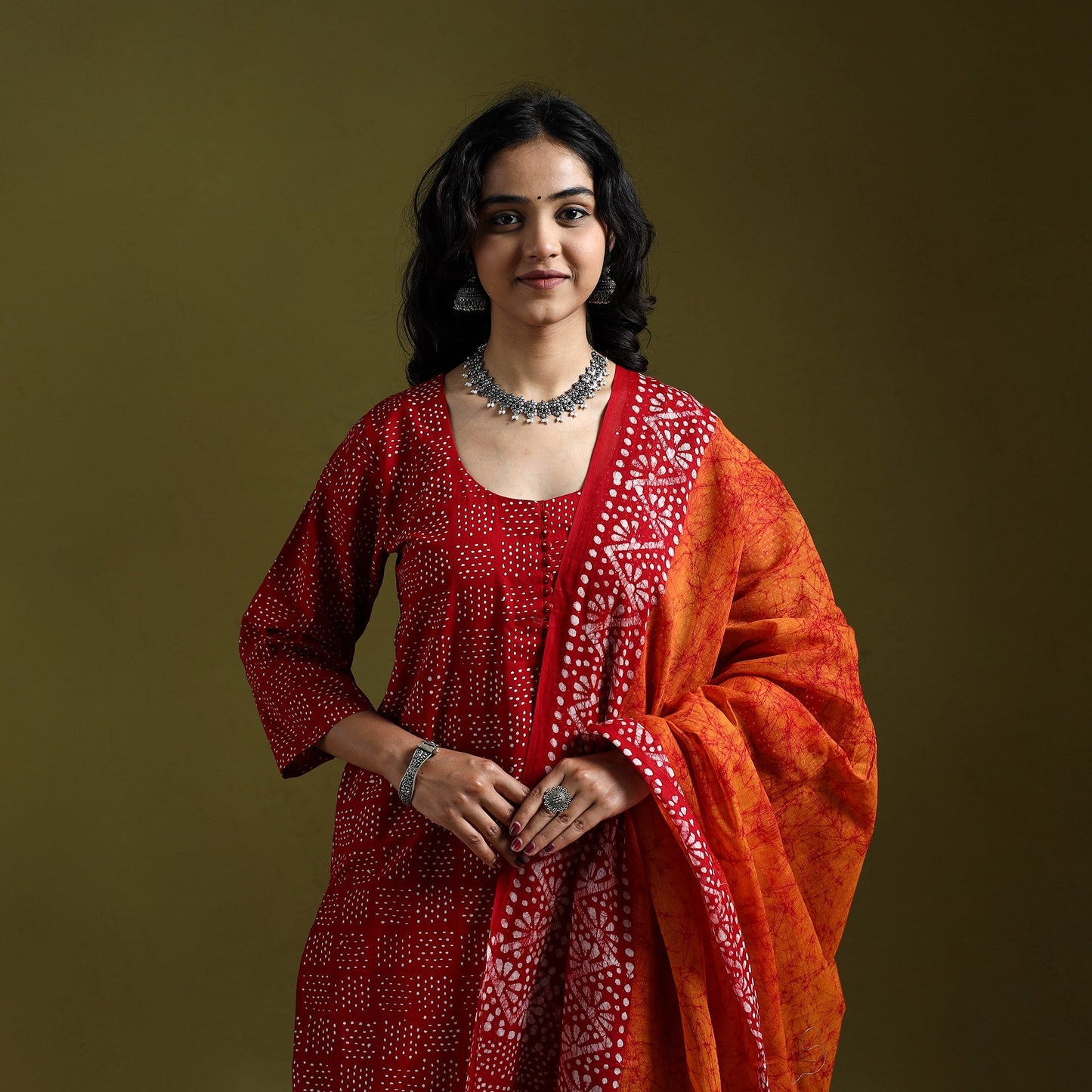 Hand block batik print cotton suit set with dupatta