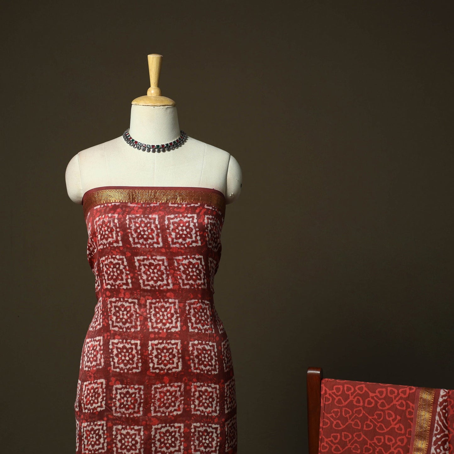 Hand block batik print maheshwari silk 3pc unstitched dress