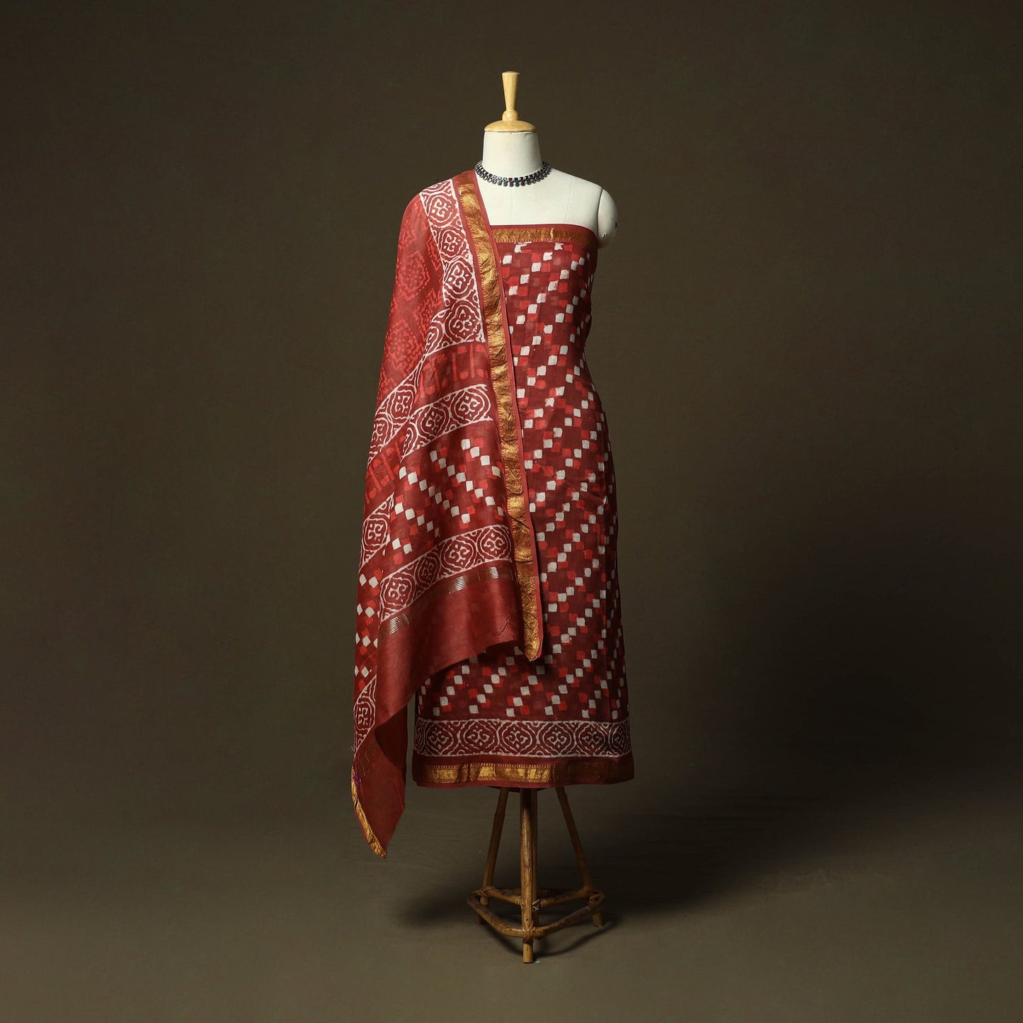 Hand block batik print maheshwari silk 3pc unstitched dress