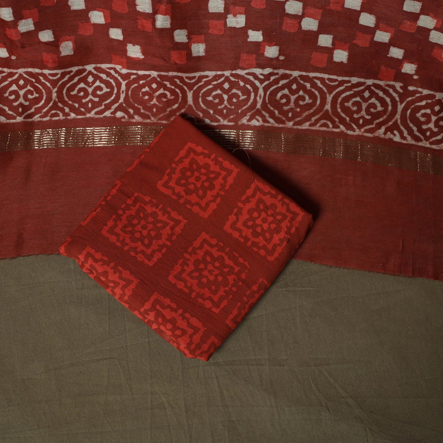 Hand block batik print maheshwari silk 3pc unstitched dress