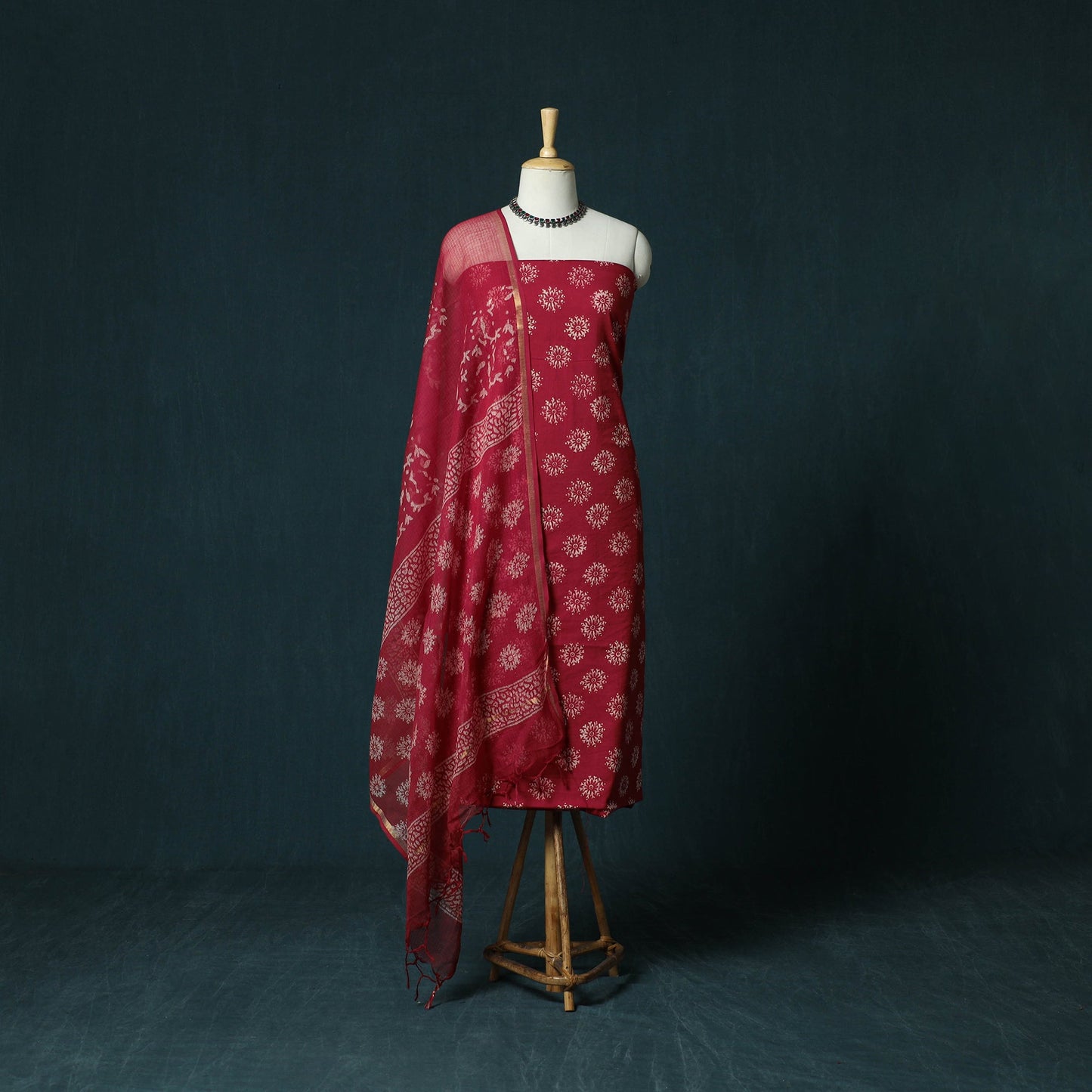 Hand block jaipur print cotton 3pc unstitched dress