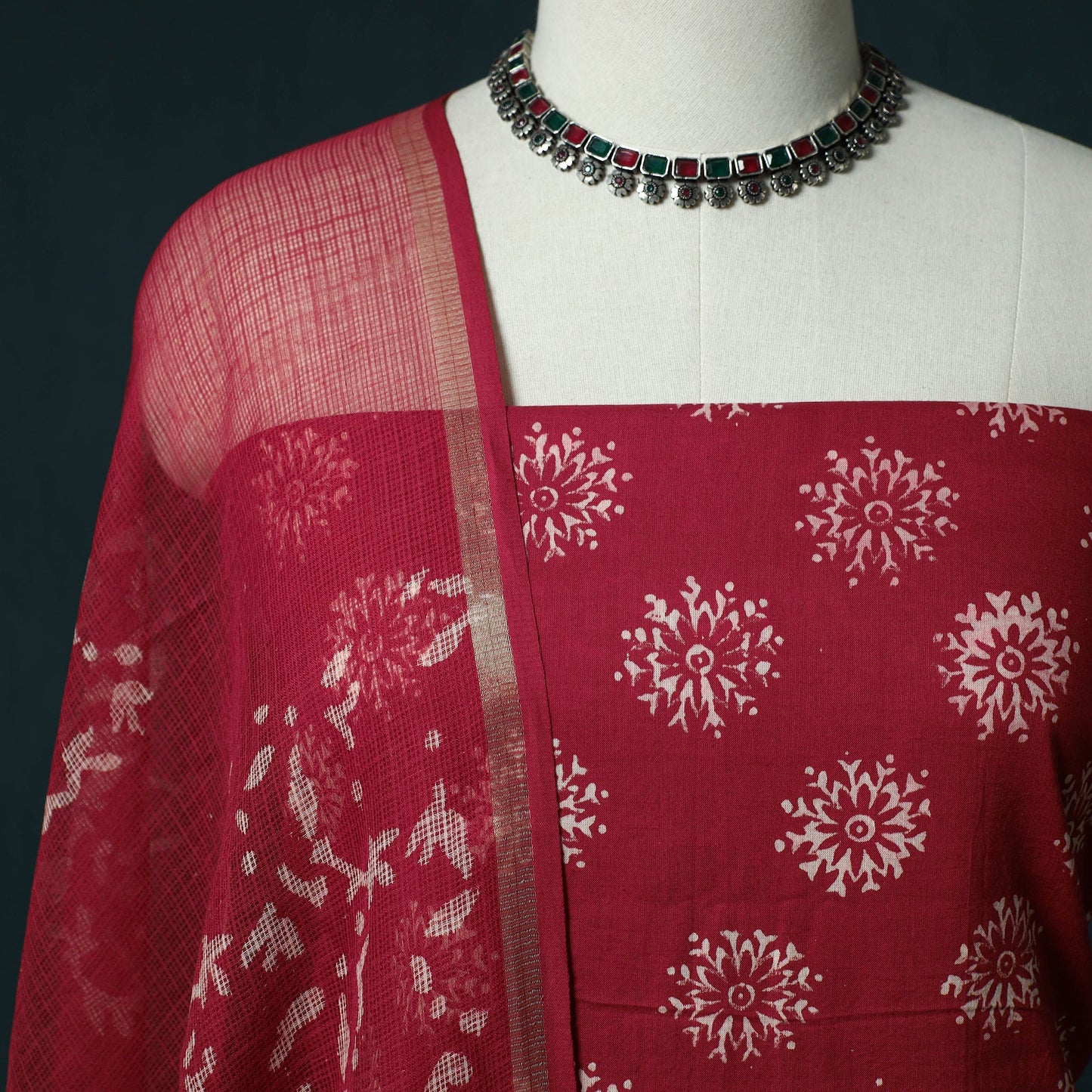 Hand block jaipur print cotton 3pc unstitched dress