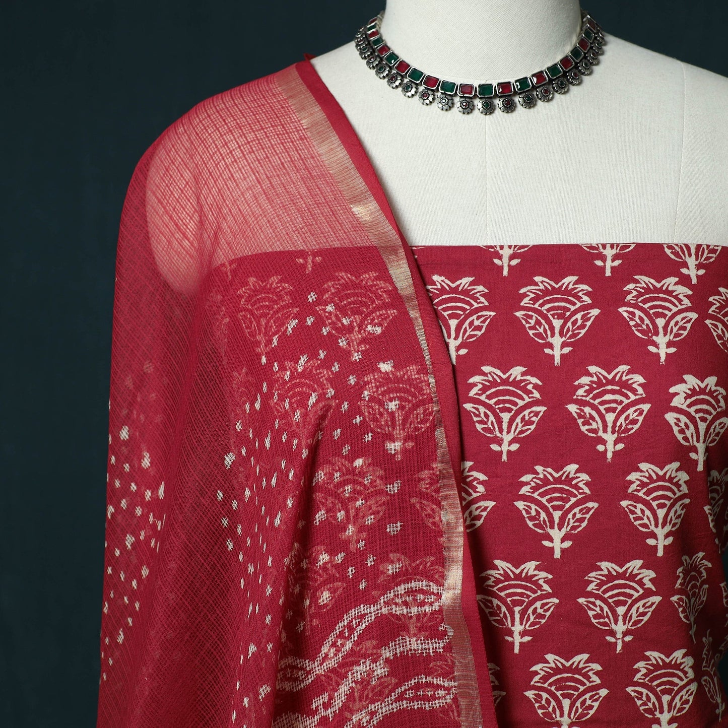 Hand block jaipur print cotton 3pc unstitched dress
