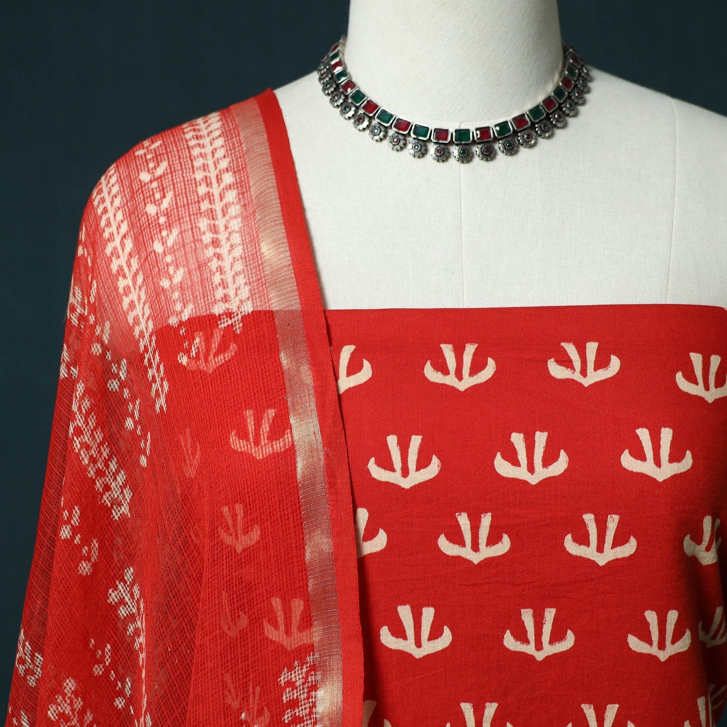 Hand block jaipur print cotton 3pc unstitched dress