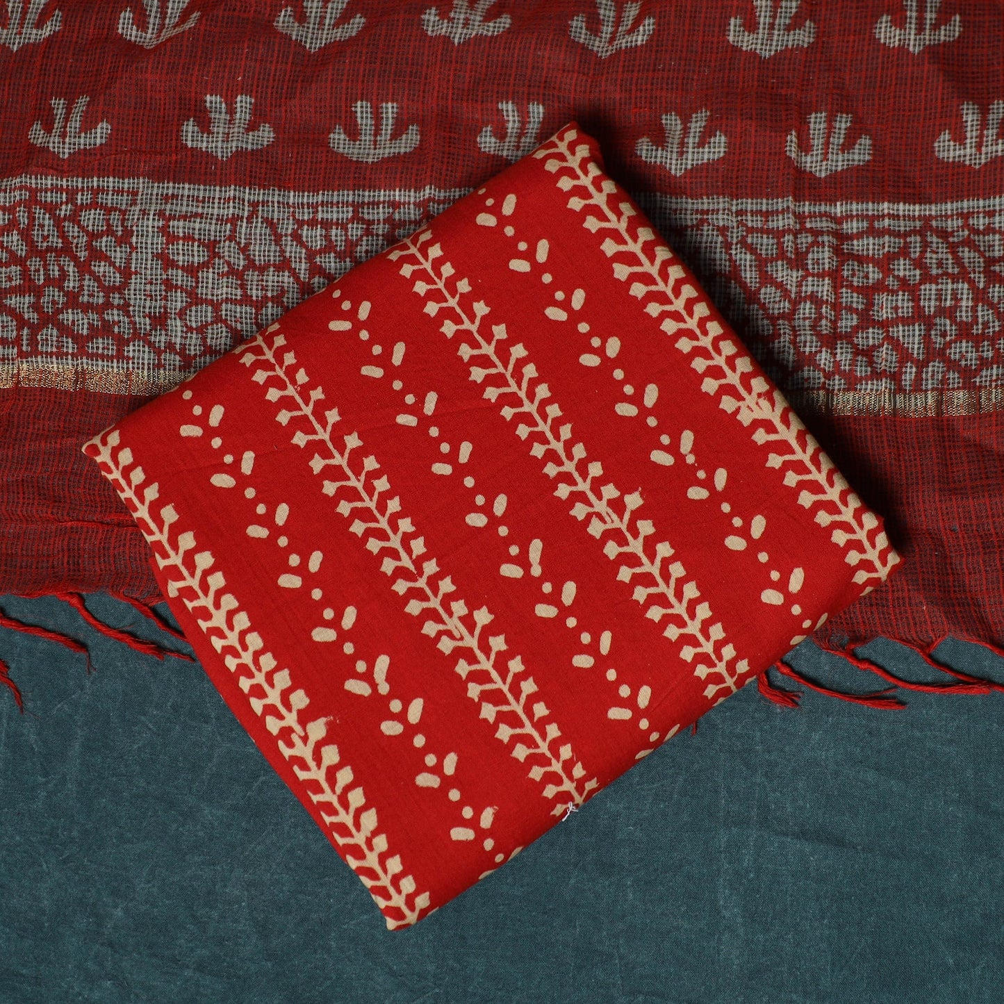 Hand block jaipur print cotton 3pc unstitched dress
