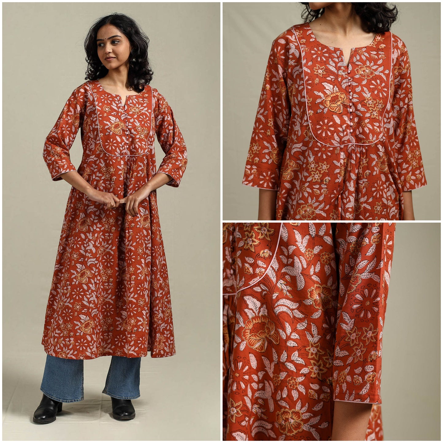 Hand cotton a-line sanganeri kurta for women 01
