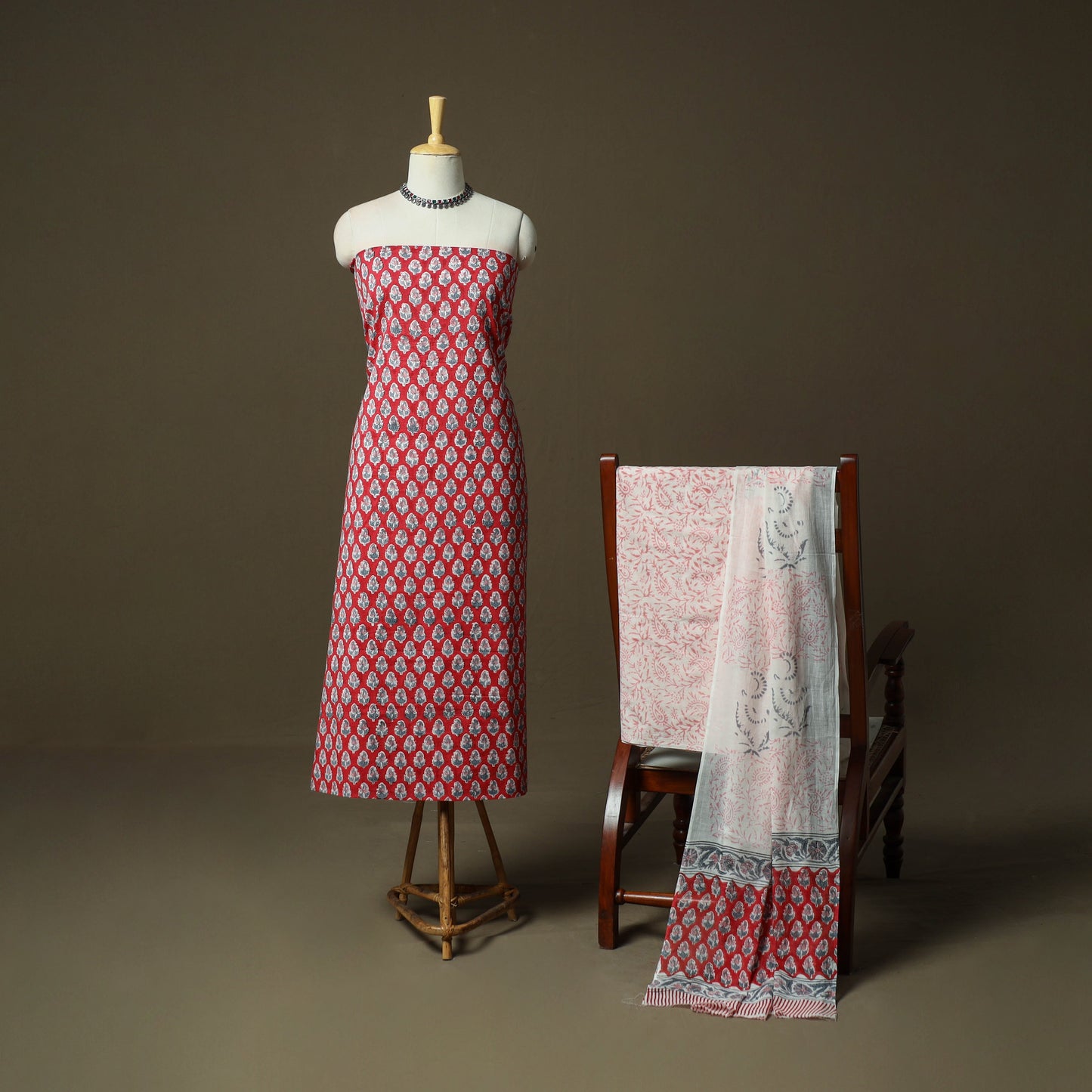 Hand block print cotton sanganeri 3pc unstitched dress