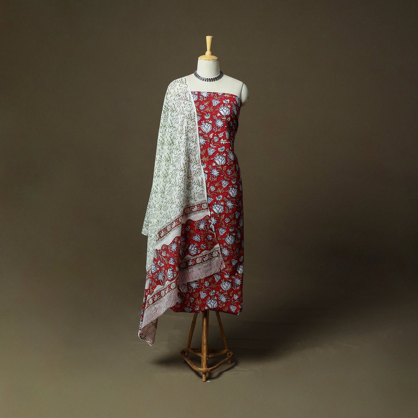 Hand block print cotton sanganeri 3pc unstitched dress