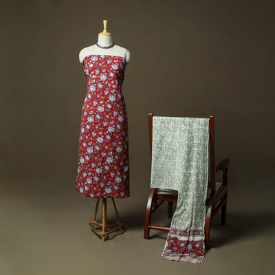 Hand block print cotton sanganeri 3pc unstitched dress