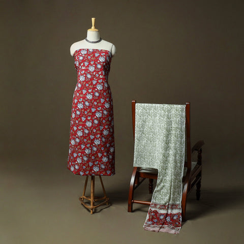 Hand block print cotton sanganeri 3pc unstitched dress