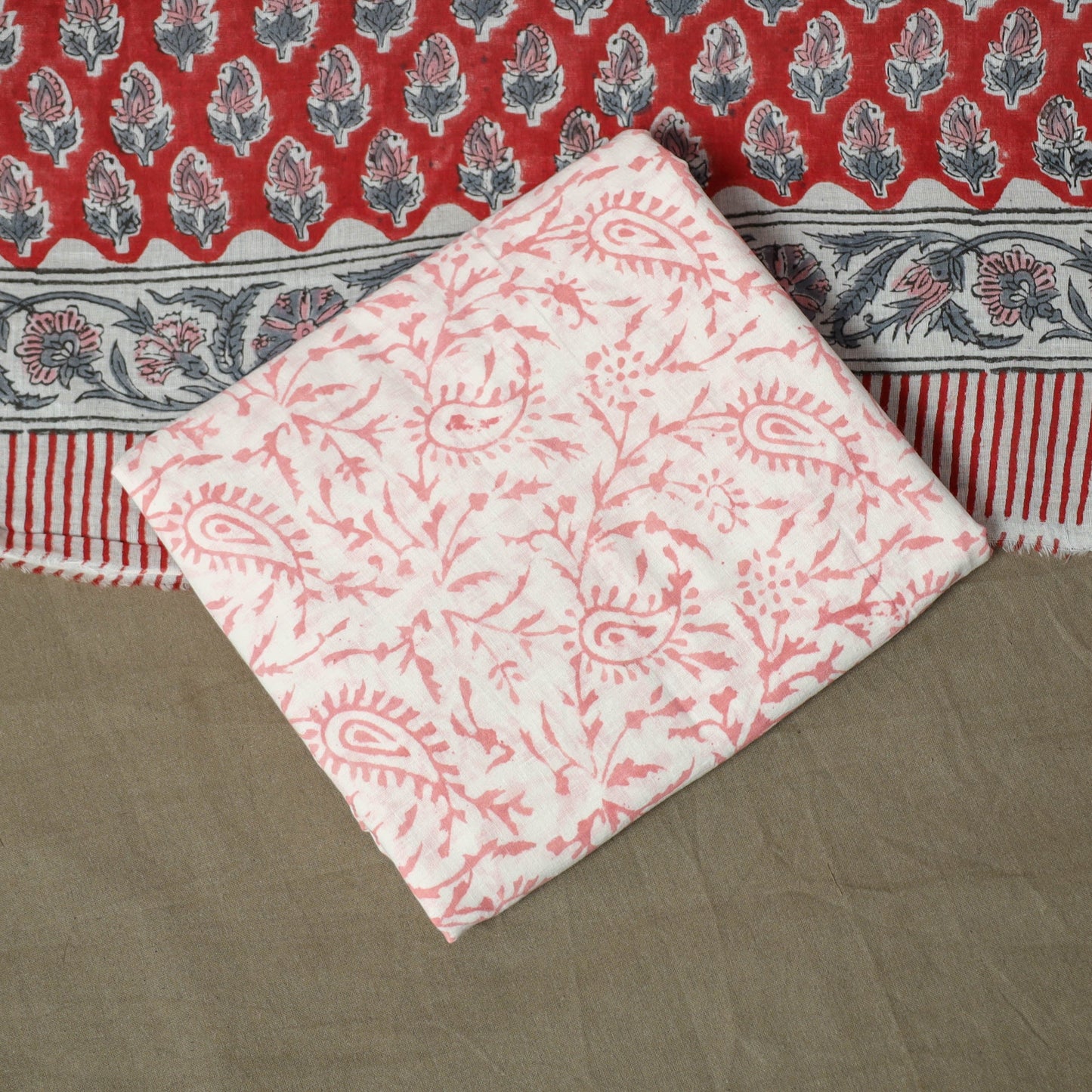 Hand block print cotton sanganeri 3pc unstitched dress