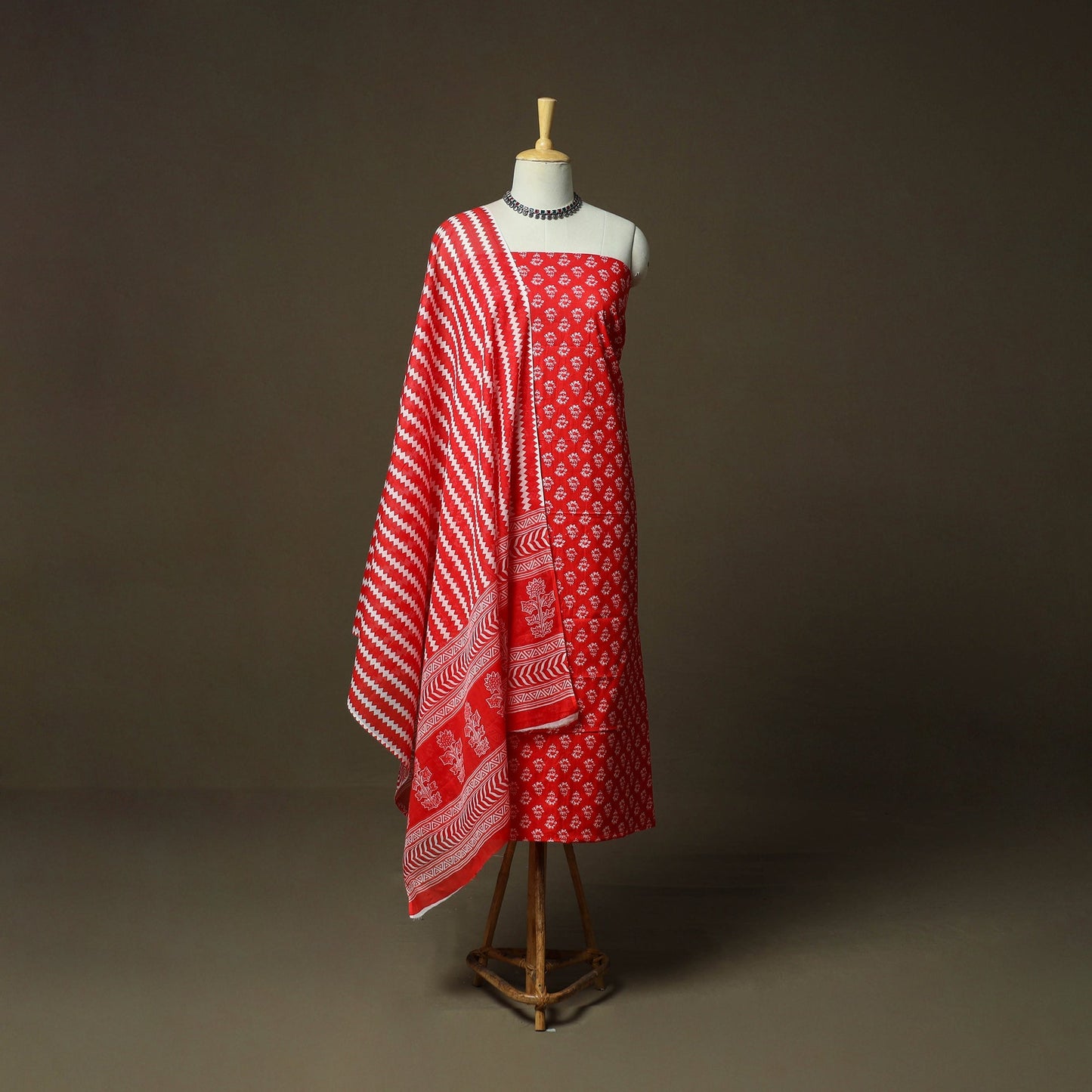 Hand block print cotton sanganeri 3pc unstitched dress