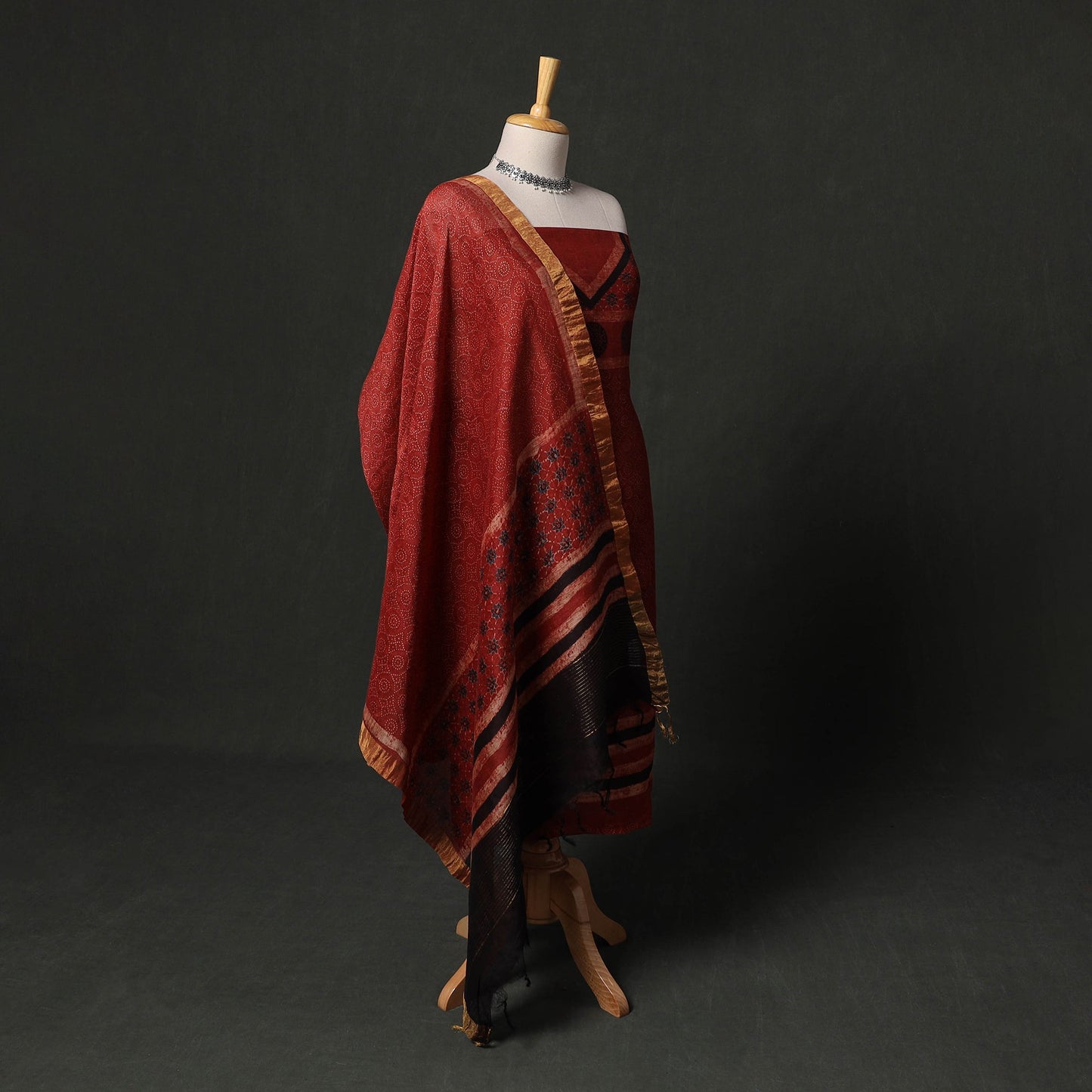 Hand block print linen silk natural dyed ajrakh 2pc