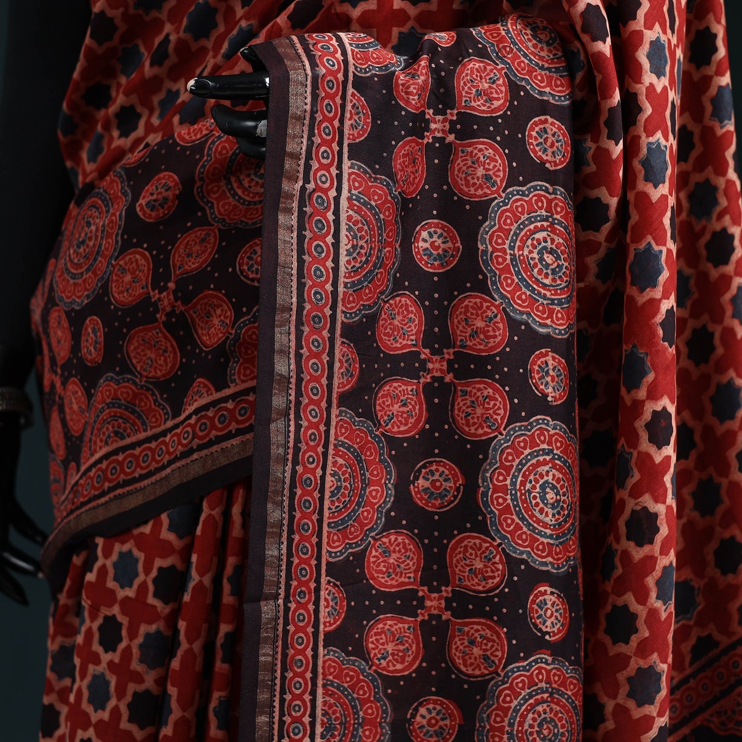 Hand block print natural dyed chanderi silk ajrakh saree 14