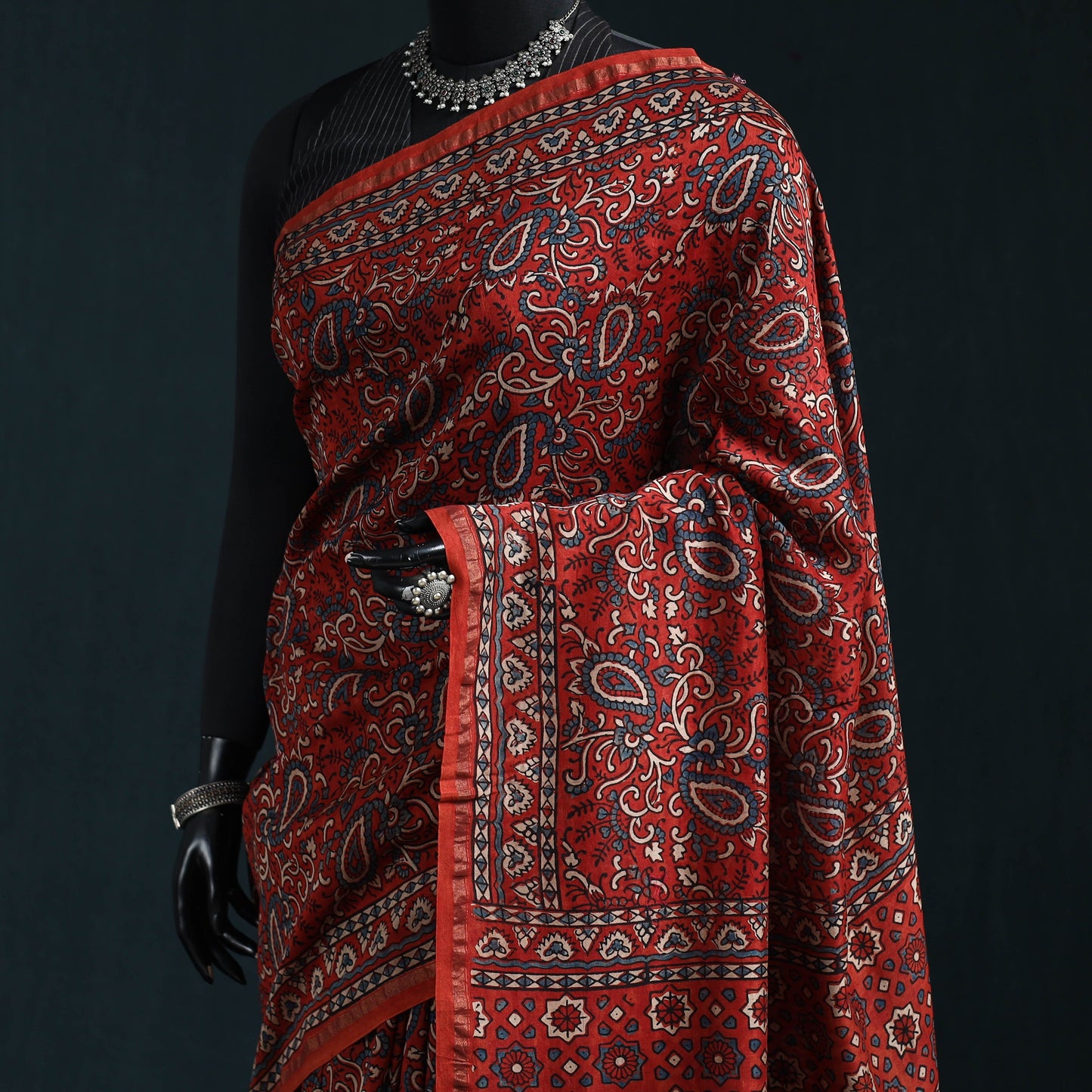 Hand block print natural dyed chanderi silk ajrakh saree 17