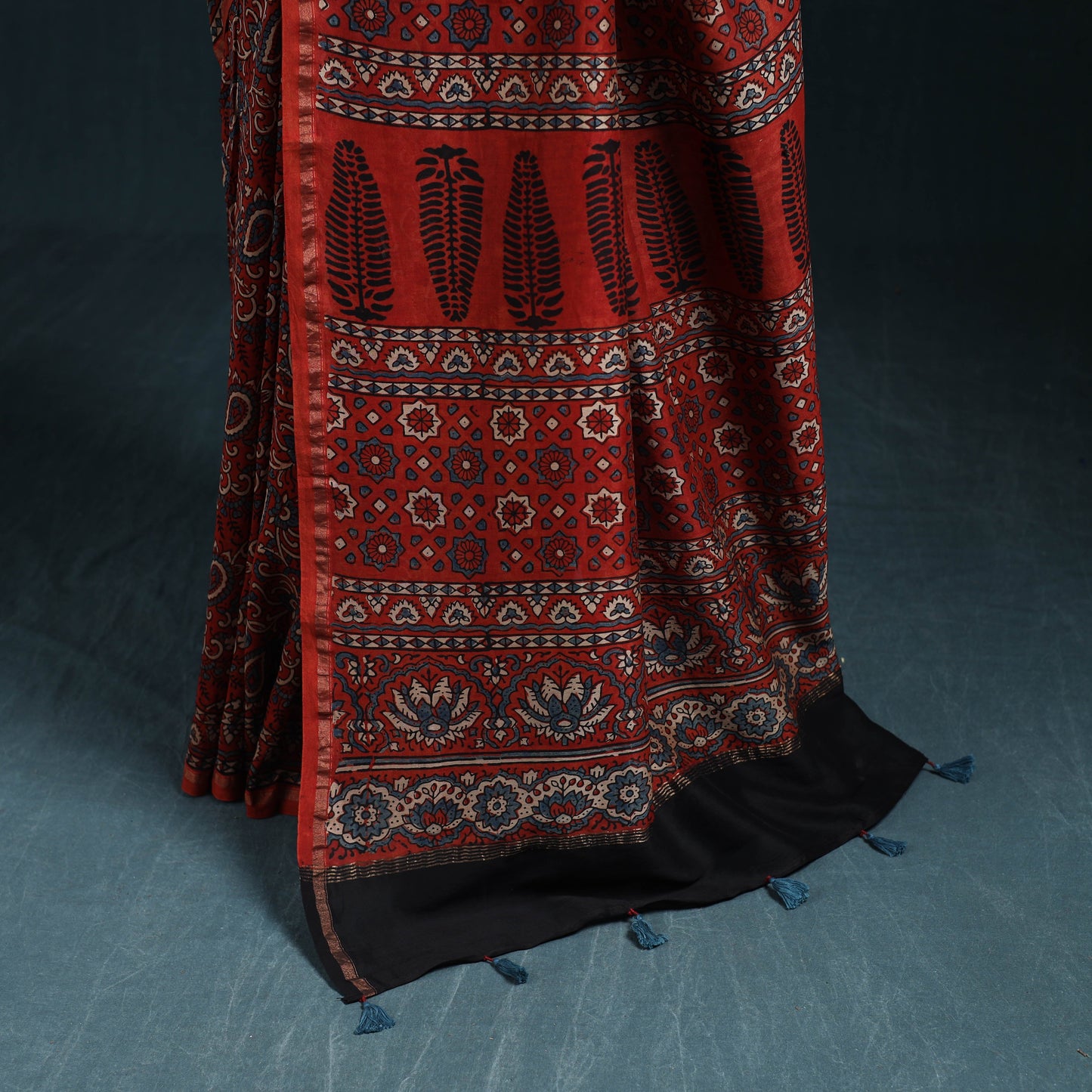 Hand block print natural dyed chanderi silk ajrakh saree 17