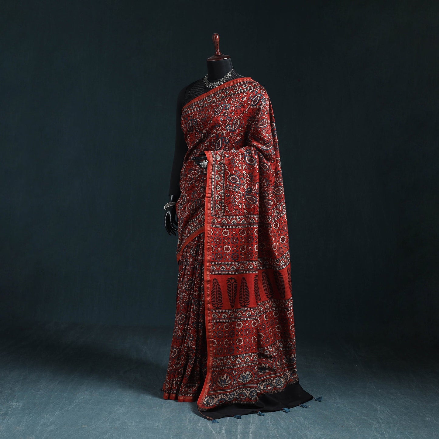 Hand block print natural dyed chanderi silk ajrakh saree 17