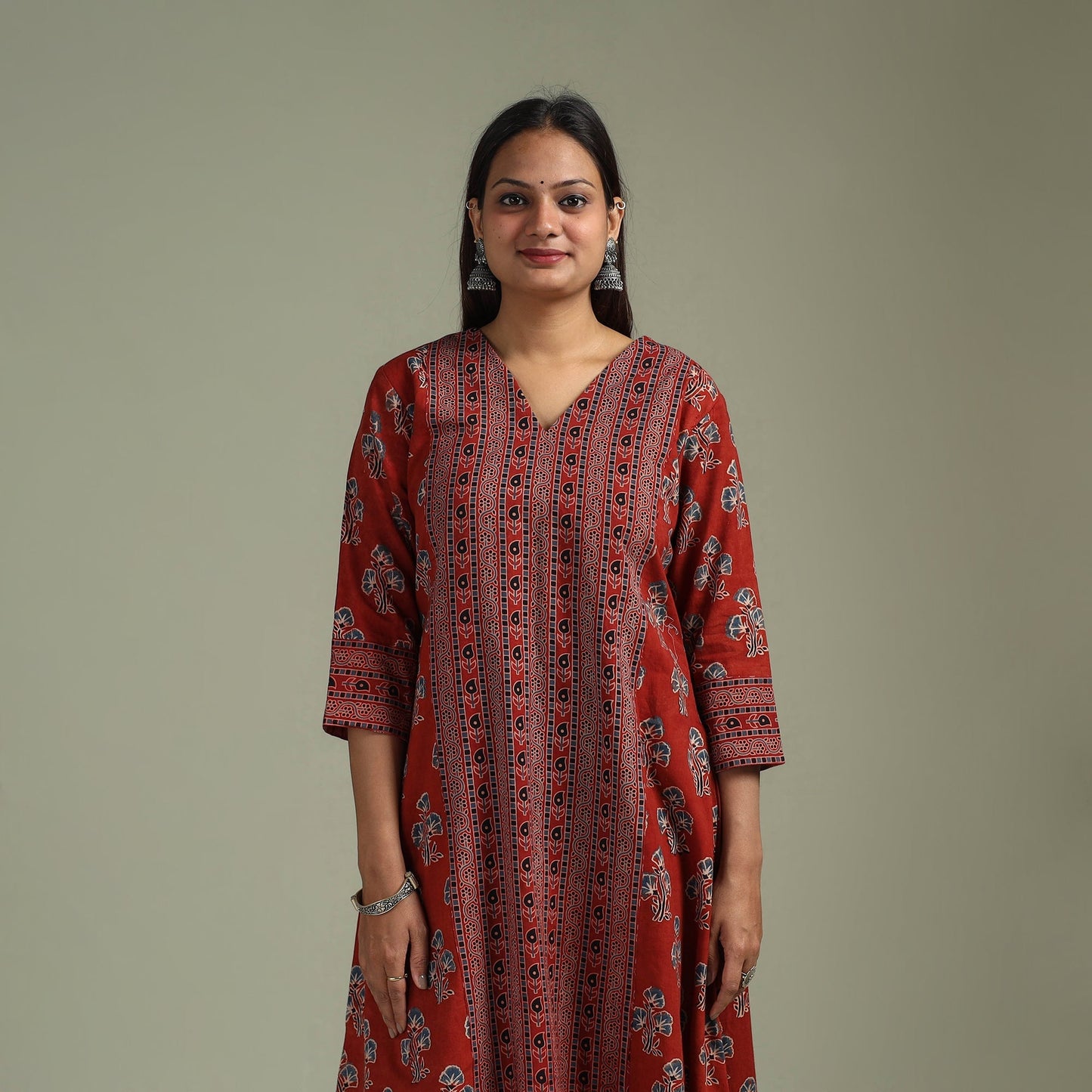 Hand block print natural dyed cotton a-line ajrakh kurta