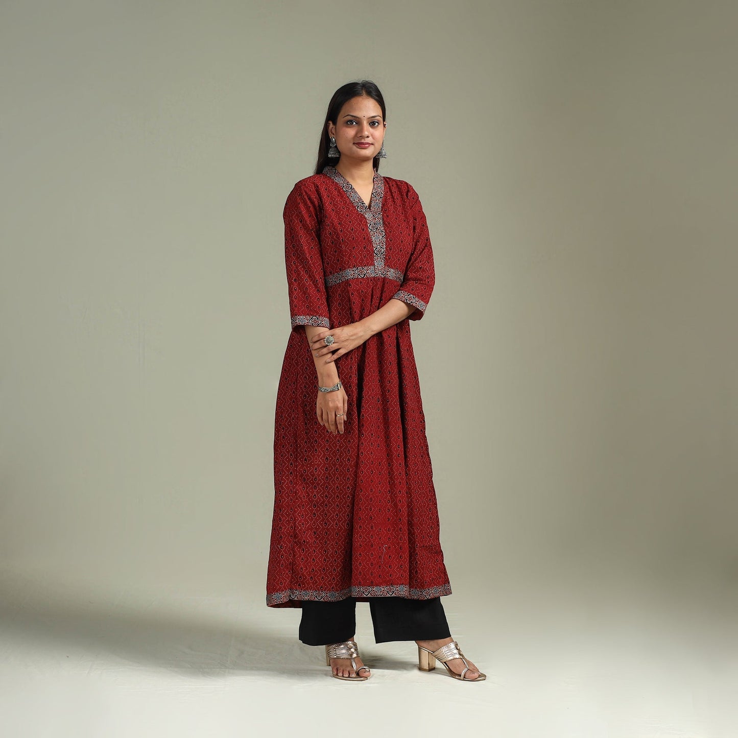 Hand block print natural dyed cotton a-line ajrakh kurta