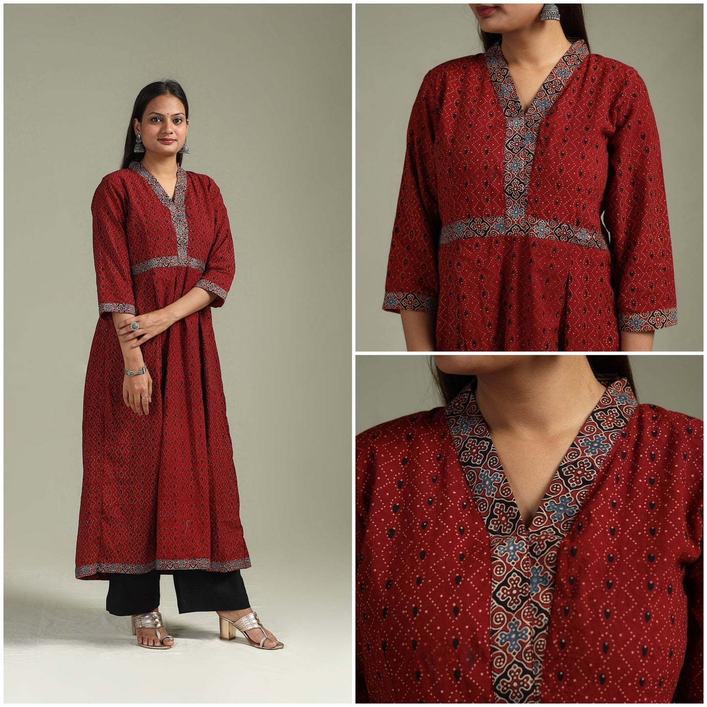 Hand block print natural dyed cotton a-line ajrakh kurta