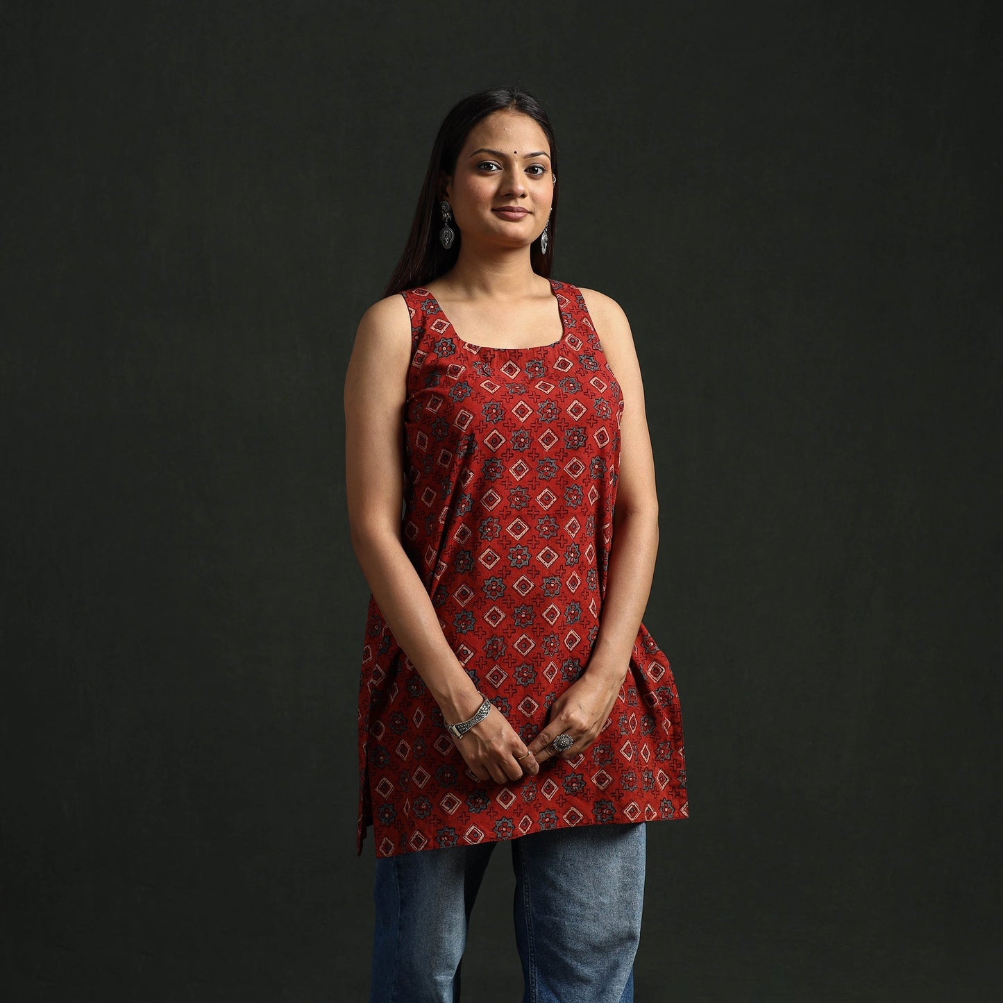 Hand block print natural dyed cotton short ajrakh kurta