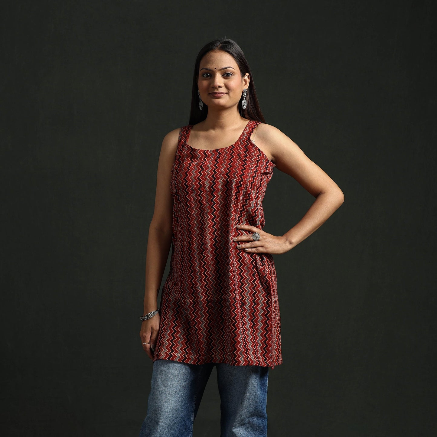 Hand block print natural dyed cotton short ajrakh kurta