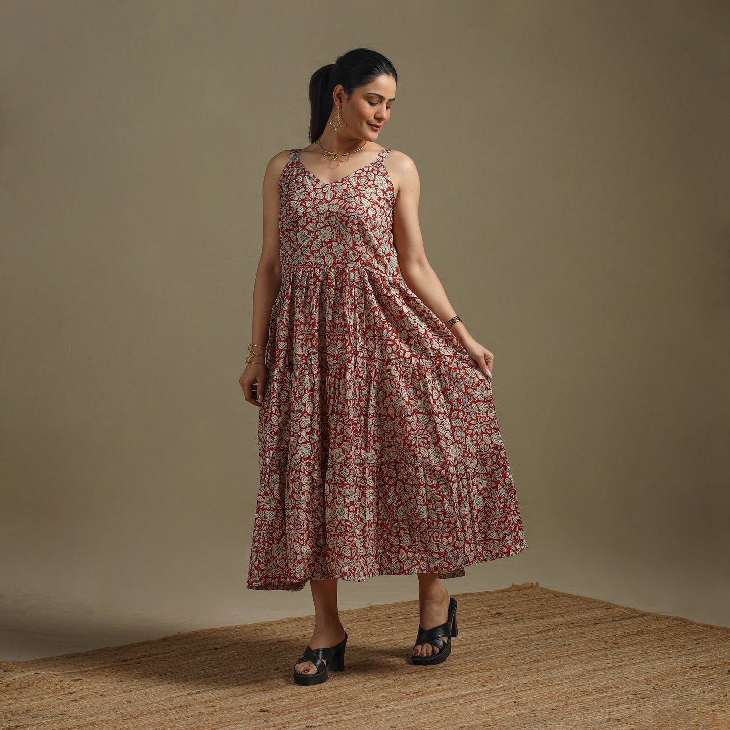 Hand natural dyed cotton tiered bagru dress 07 - handcrafted