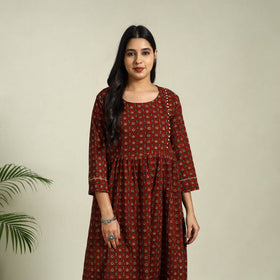  Red Hand Block Print Cotton Flared Ajrakh Dress