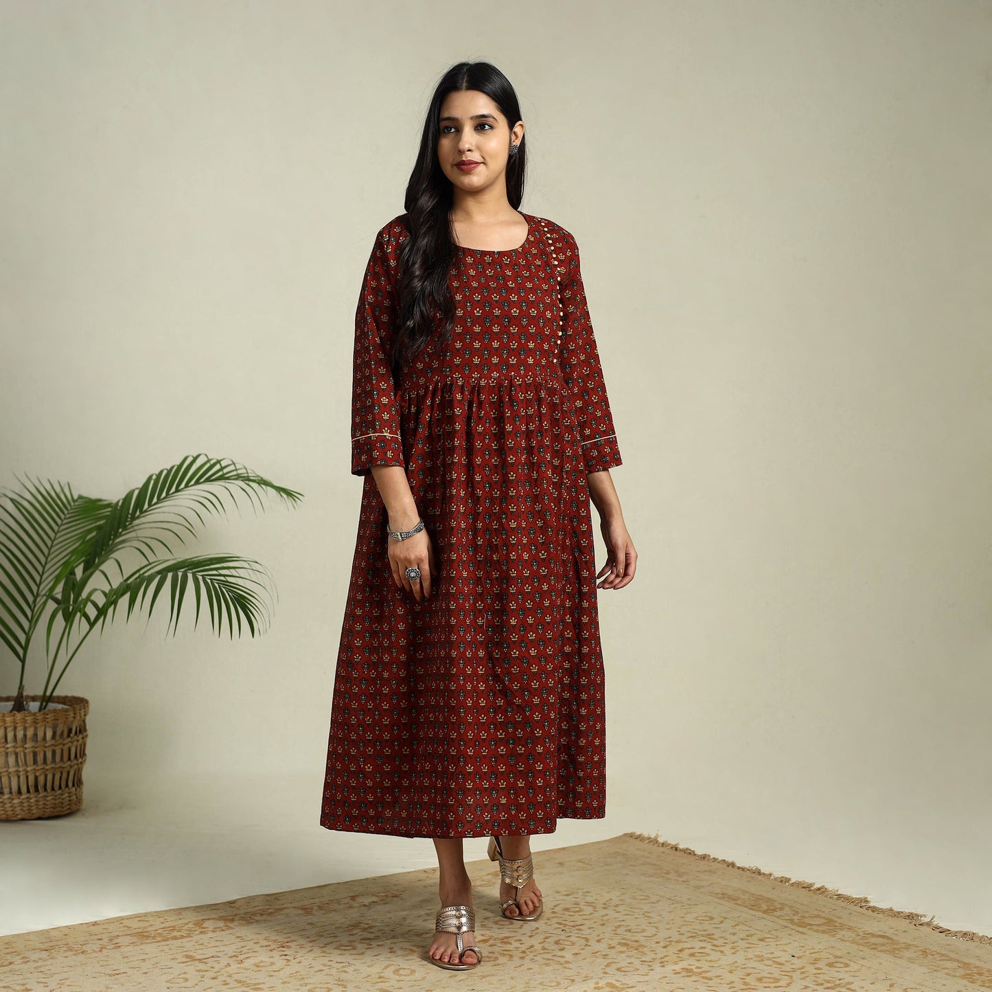  Red Hand Block Print Cotton Flared Ajrakh Dress
