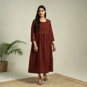 Red Hand Block Print Cotton Flared Ajrakh Dress
