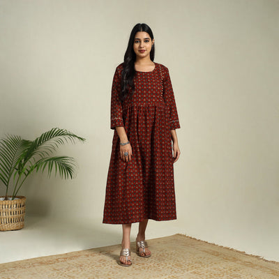  Red Hand Block Print Cotton Flared Ajrakh Dress