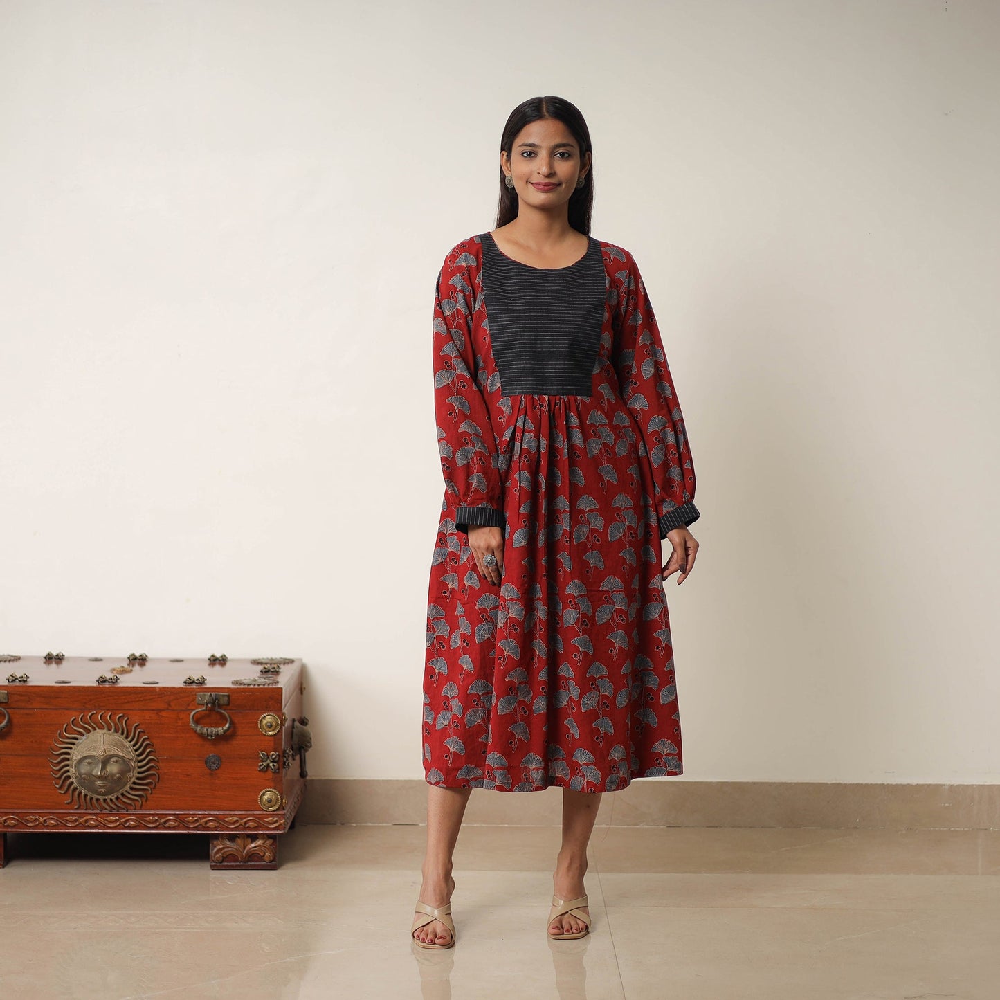 Buy Red Hand Block Print Cotton Flared Gher Ajrakh Dress