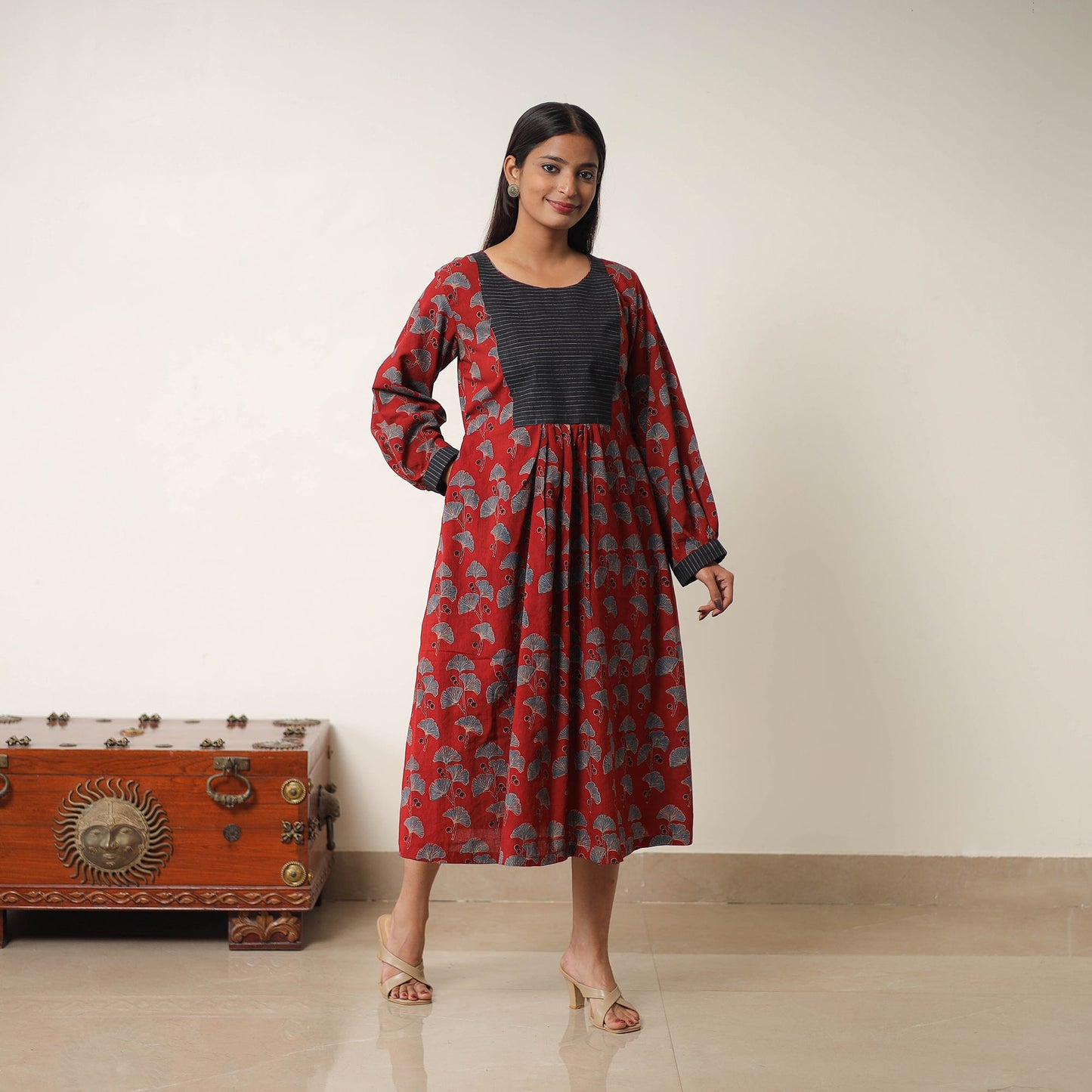 Buy Red Hand Block Print Cotton Flared Gher Ajrakh Dress