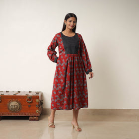 Buy Red Hand Block Print Cotton Flared Gher Ajrakh Dress